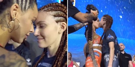 karina pedro flashes crowd|MMA fighters surprise crowd by kissing at face